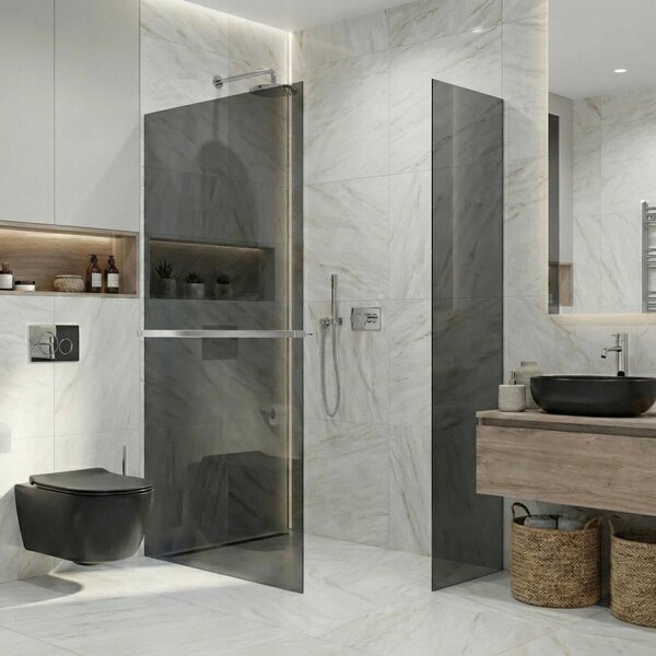 CERANO - Sprchová zástena Walk-in Crystal TL/P - 8 mm - bezvzperový systém + polička/držiak na uteráky - chróm, grafitové sklo - 50x50x200 cm