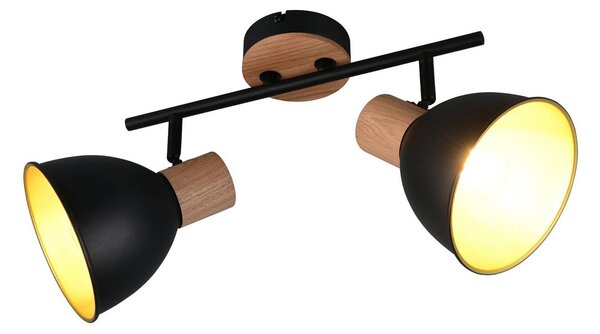 Reality Leuchten Stropné svietidlo Delume, čierne, dĺžka 49 cm, 2-pl. kov/drevo, Čierna, Obývacia izba / jedáleň, kov, Škandinávsky, Stropné svetlo polkruhové s priestorom