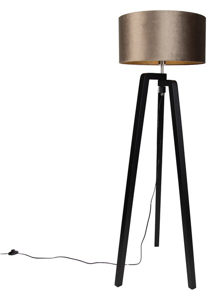 Stojacia lampa čierna trojnožka s hnedým tienidlom so zlatým interiérom 50cm - Puros