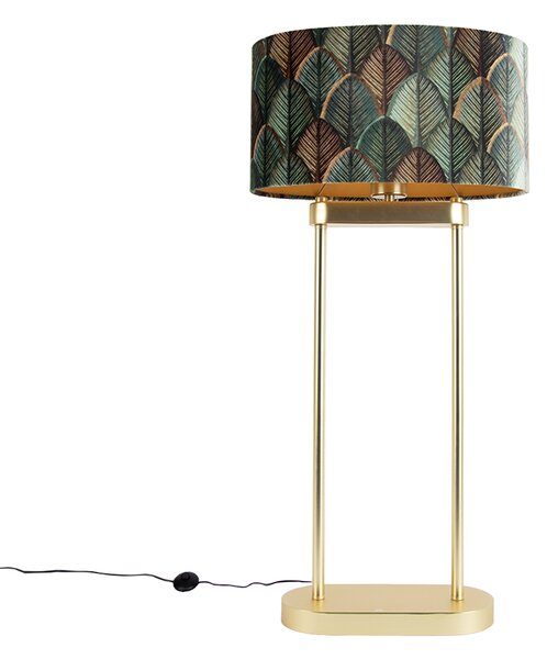 Mosadzná stojaca lampa s oválnym tienidlom s motívom listov a zlatým interiérom 35 cm - Thijmen