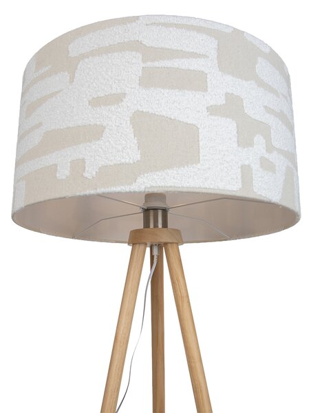 Drevená stojacia lampa s trojnožkou s bielym a béžovým pruhovaným tienidlom 50 cm - Lou