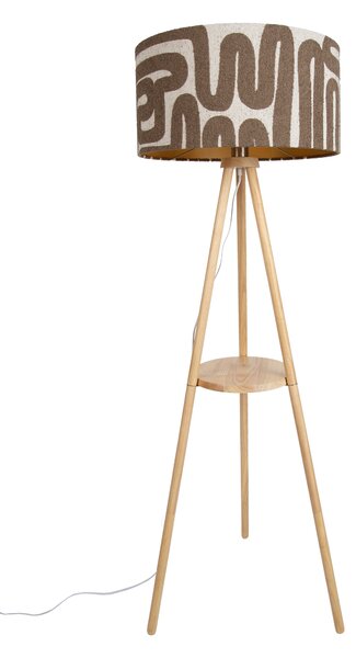 Stojacia lampa s trojnožkou drevená s pruhovaným béžovým a hnedým tienidlom 50cm - Lou