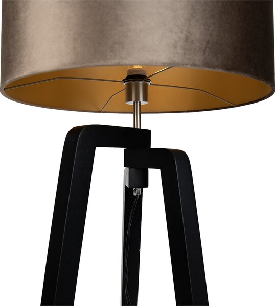 Stojacia lampa čierna trojnožka s hnedým tienidlom so zlatým interiérom 50cm - Puros