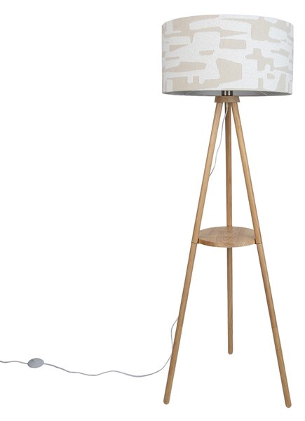 Drevená stojacia lampa s trojnožkou s bielym a béžovým pruhovaným tienidlom 50 cm - Lou