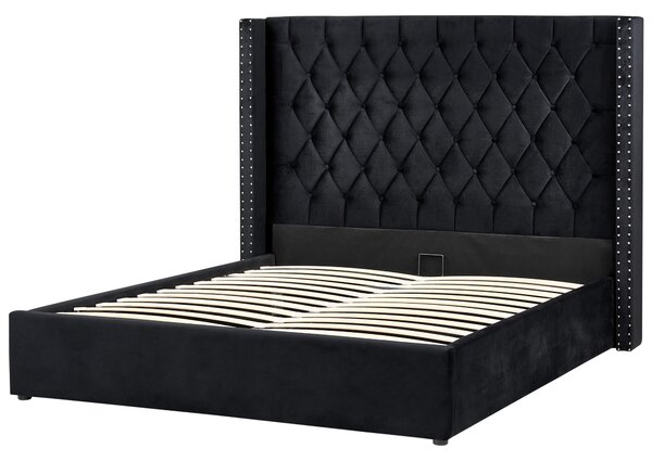 Posteľ s úložným priestorom čierna zamatová čalúnená 160 x 200 cm prešívané čelo elegantný glamour dizajn