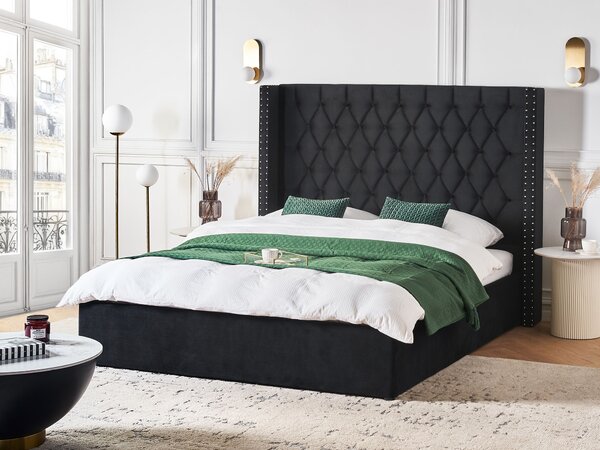 Posteľ s úložným priestorom čierna zamatová čalúnená 160 x 200 cm prešívané čelo elegantný glamour dizajn