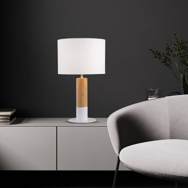 Stolová lampa Carroll, drevo svetlé/biele, výška 43 cm, látka, Biela / opálová, Obývacia izba / jedáleň, Textil / látka / hodváb, Stojacie svietidlo
