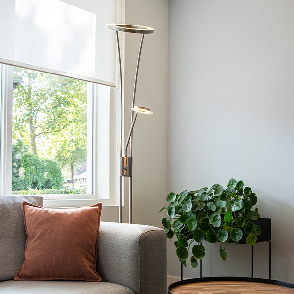 Moderná stojaca lampa oceľ a sklo vrátane LED s ramenom na čítanie - Divine