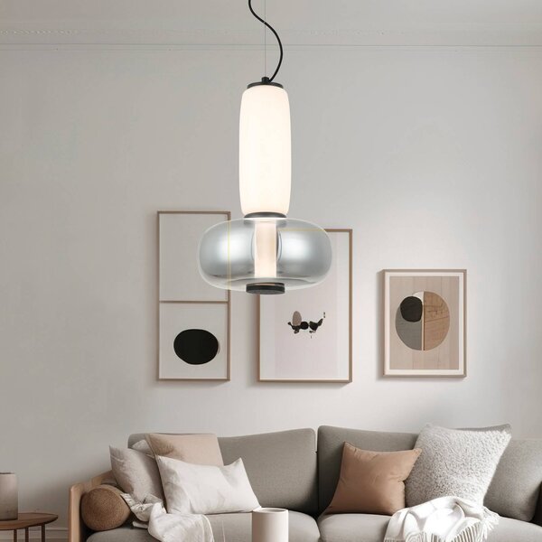 LED závesné svietidlo Avery, dymovo šedá/biela, Ø 32 cm, sklo, Hliník / sivá / zinok, Obývacia izba / jedáleň, Sklo, Moderný, Závesné svietidlo