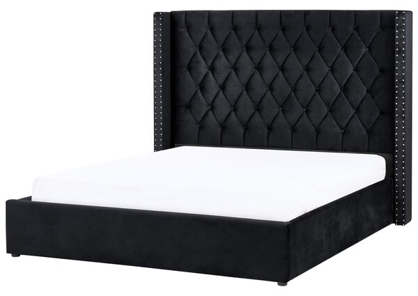 Posteľ s úložným priestorom čierna zamatová čalúnená 160 x 200 cm prešívané čelo elegantný glamour dizajn