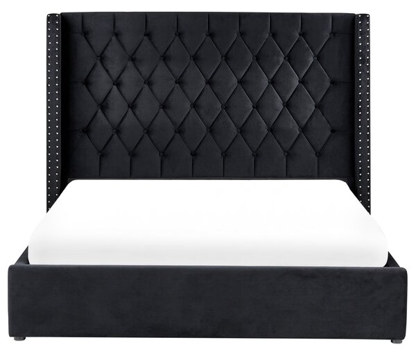 Posteľ s úložným priestorom čierna zamatová čalúnená 160 x 200 cm prešívané čelo elegantný glamour dizajn