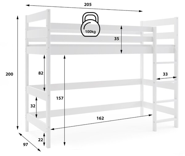 MAXMAX Detská vyvýšená posteľ z masívu borovice ANTOLA 200x90 cm - biela