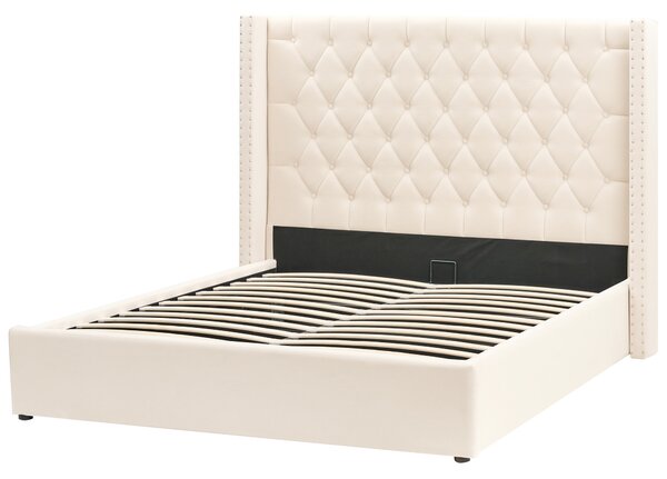 Posteľ s úložným priestorom krémová biela zamatová čalúnená 160 x 200 cm prešívané čelo elegantný glamour dizajn