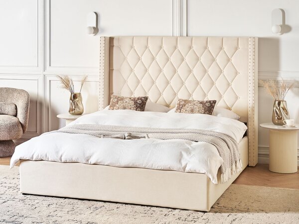 Posteľ s úložným priestorom krémová biela zamatová čalúnená 160 x 200 cm prešívané čelo elegantný glamour dizajn