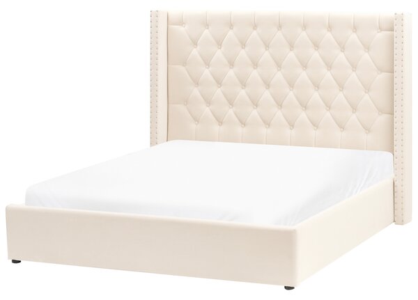 Posteľ s úložným priestorom krémová biela zamatová čalúnená 160 x 200 cm prešívané čelo elegantný glamour dizajn