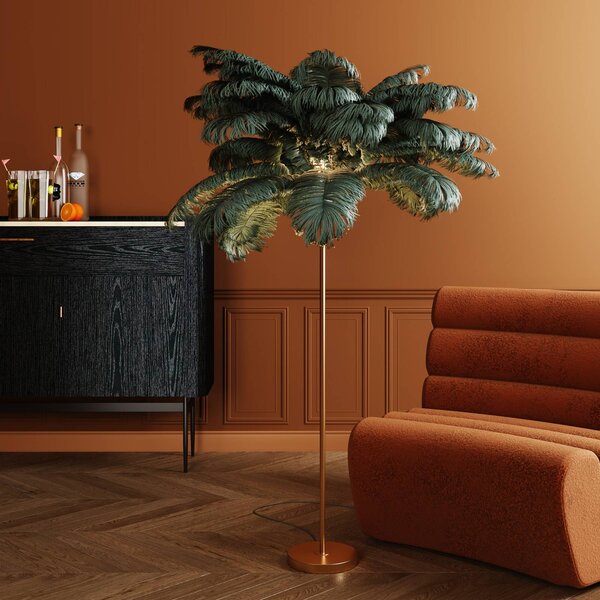 KARE Feather Palm stojacia lampa s perím, zelená, Mosadz / zlato, Obývacia izba / jedáleň, kov, Dizajn