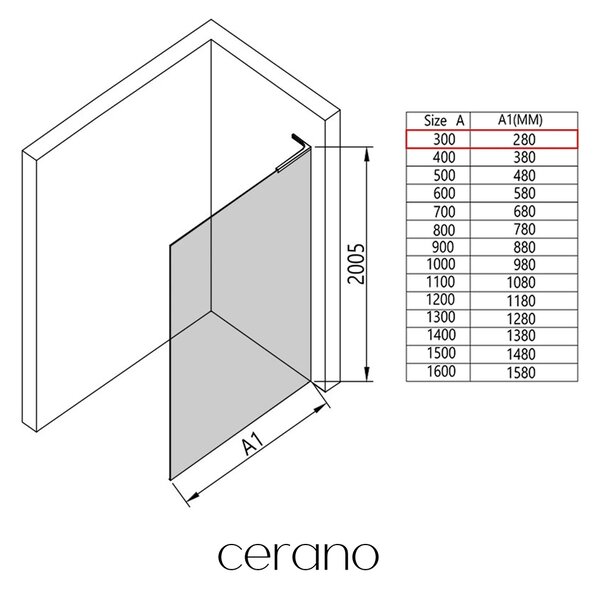 CERANO - Sprchová zástena Walk-in Onyx L-pravá vzpera - 8 mm - čierna matná, mliečne sklo - 30x200 cm