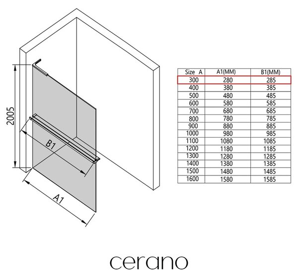 CERANO - Sprchová zástena Walk-in Onyx L-pravá vzpera + polička/držiak na uteráky - 8 mm - čierna matná, mliečne sklo - 30x200 cm