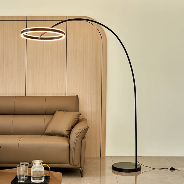 Lucande Oblúková lampa LED Yekta, čierna, 183 cm, stmievateľná, Čierna, Obývacia izba / jedáleň, kov, Dizajn, Oblúková stojaca lampa