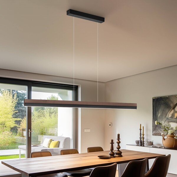 Quitani LED závesná lampa Keijo, čierna/orechová, dĺžka 143 cm, Tmavé drevo, Obývacia izba / jedáleň, Drevo, Vidiecky / Rustikálny
