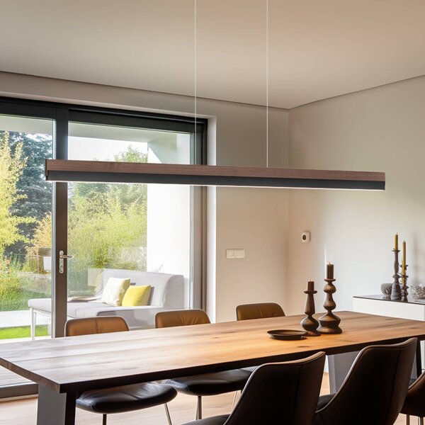 Quitani LED závesná lampa Keijo, čierna/orechová, dĺžka 143 cm, Tmavé drevo, Obývacia izba / jedáleň, Drevo, Vidiecky / Rustikálny