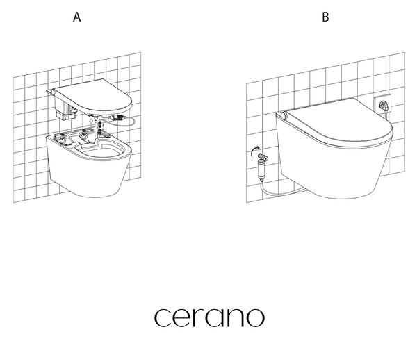 CERANO - WC závesné s integrovaným elektronickým bidetom Cronus Pro, Vortex Rimless 180° + UF sedátko - biela lesklá - 59,3x38,4 cm