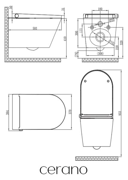 CERANO - WC závesné s integrovaným elektronickým bidetom Cronus Pro, Vortex Rimless 180° + UF sedátko - biela lesklá - 59,3x38,4 cm
