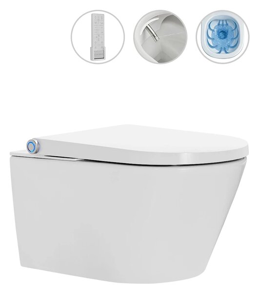 CERANO - WC závesné s integrovaným elektronickým bidetom Cronus Pro, Vortex Rimless 180° + UF sedátko - biela lesklá - 59,3x38,4 cm