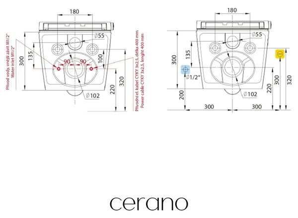 CERANO - WC závesné s integrovaným elektronickým bidetom Cronus Pro, Vortex Rimless 180° + UF sedátko - biela lesklá - 59,3x38,4 cm