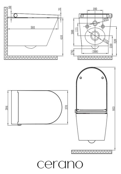 CERANO - WC závesné s integrovaným elektronickým bidetom Cronus Standard, Vortex Rimless 180 ° + UF sedátko - biela lesklá - 59,3x38,4 cm