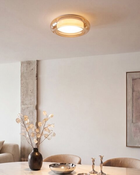 Stropná LED lampa svetlohnedá sklo okrúhle tienidlo kovová základňa so stmievačom retro štýl obývacia izba