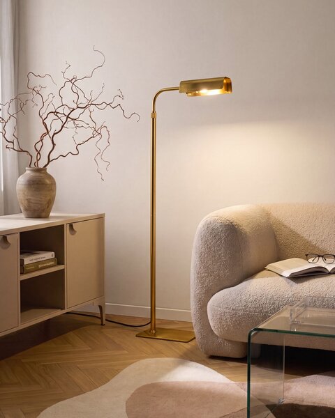 Stojaca lampa zlatá oceľová kovová základňa nastaviteľná výška s vypínačom moderný glamour štýl obývacia izba spálňa
