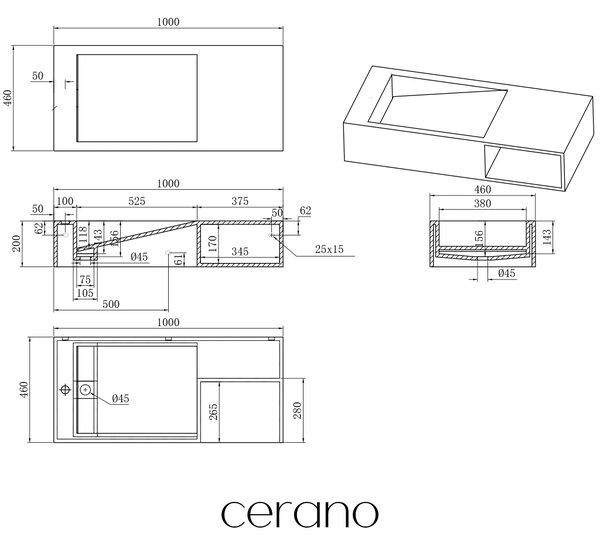 CERANO - Umývadlo z liateho mramoru Semio - nástenné - biela matná - 100x46 cm