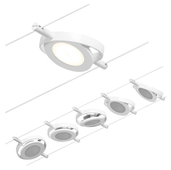 Paulmann Wire RoundMac LED lanový systém, 5-pl. biely, Biela / opálová, Chodba, kov, Moderný, Lankový systém