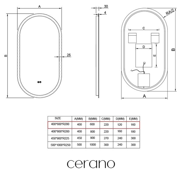 CERANO - Kúpeľňové LED zrkadlo Toro - 40x60 cm