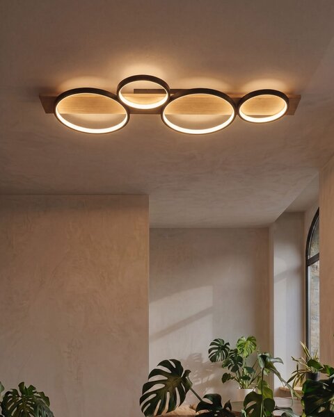 Stropná LED lampa čierna oceľ vzhľad dreva geometrický dizajn v tvare prstencov moderný štýl obývacia izba