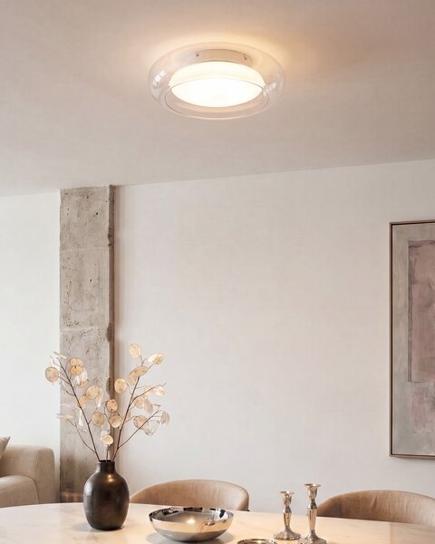 Stropná LED lampa priehľadná sklo okrúhle tienidlo kovová základňa so stmievačom retro štýl obývacia izba