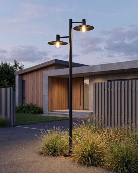 Vonkajšia stĺpová lampa s 2 svetlami čierna hliník syntetické tienidlo matný povrch záhradná lampa moderný štýl exteriér
