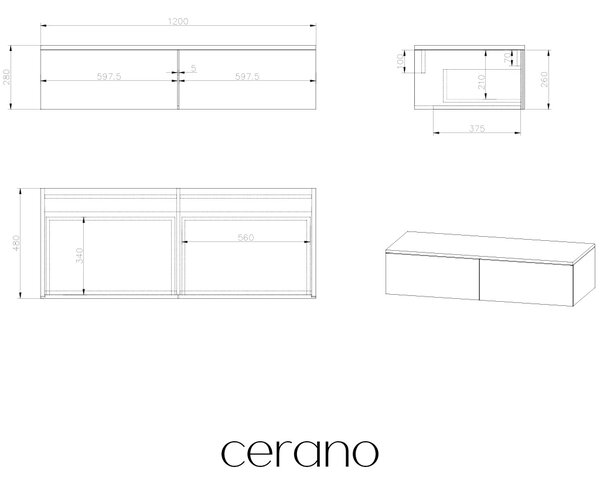 CERANO - Kúpeľňová skrinka pre umývadlá na dosku Noira - biela matná -120x28x48 cm
