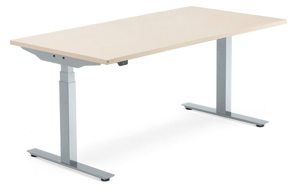 Výškovo nastaviteľný stôl MODULUS, T-rám, 1600x800 mm, breza/strieborná