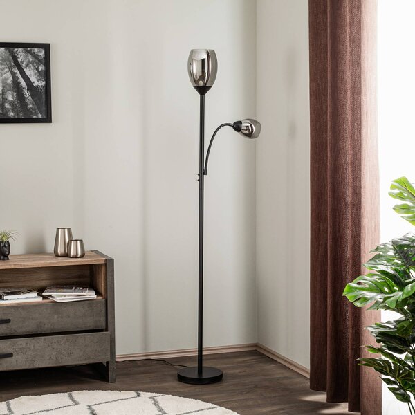Lindby Stojacia lampa Irmino s tienidlami z dymového skla, Čierna, Obývacia izba / jedáleň, kov, Moderný, Stojaca lampa