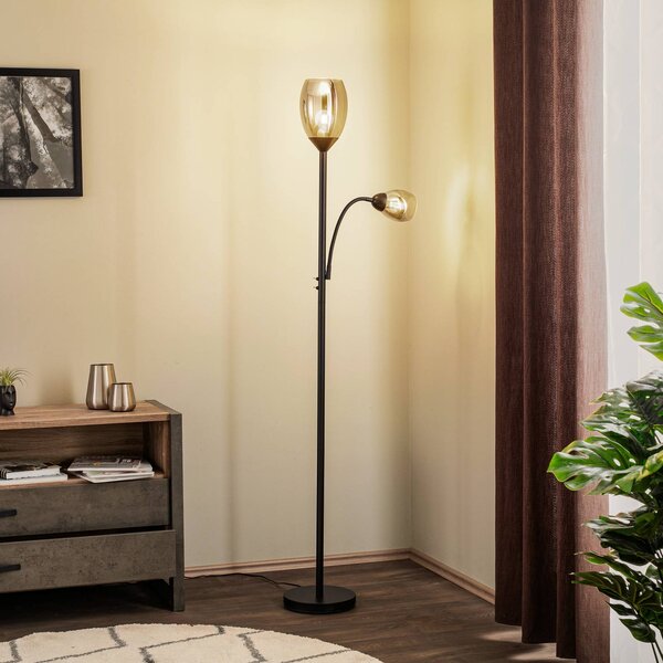 Lindby Stojacia lampa Irmino s tienidlami z dymového skla, Čierna, Obývacia izba / jedáleň, kov, Moderný, Stojaca lampa