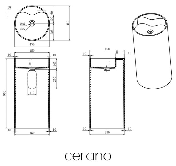 CERANO - Umývadlo z liateho mramoru Soho - voľne stojace - biela matná - Ø 45 x 90 cm