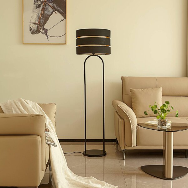 Stojacia lampa Lindby Tsomo, Ø 40 cm, čierna, látka, E27, Čierna, Obývacia izba / jedáleň, Textil / látka / hodváb, Škandinávsky, Stojaca lampa