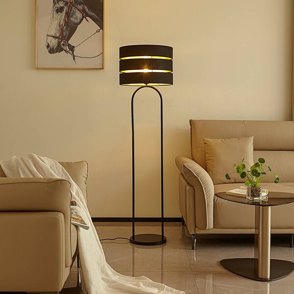 Stojacia lampa Lindby Tsomo, Ø 40 cm, čierna, látka, E27, Čierna, Obývacia izba / jedáleň, Textil / látka / hodváb, Škandinávsky, Stojaca lampa