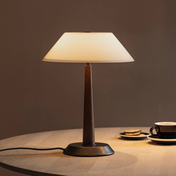 Globen Lighting Stolová lampa Ligna, výška 39 cm, biela/bronzová/dubová, Hnedá / staromosadz, Obývacia izba / jedáleň, kov, Dizajn, Stojacie svietidlo
