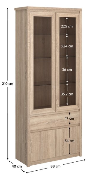 KONDELA Vitrína so šuplíkom 2D2W1S, dub sonoma, NORTY TYP 3