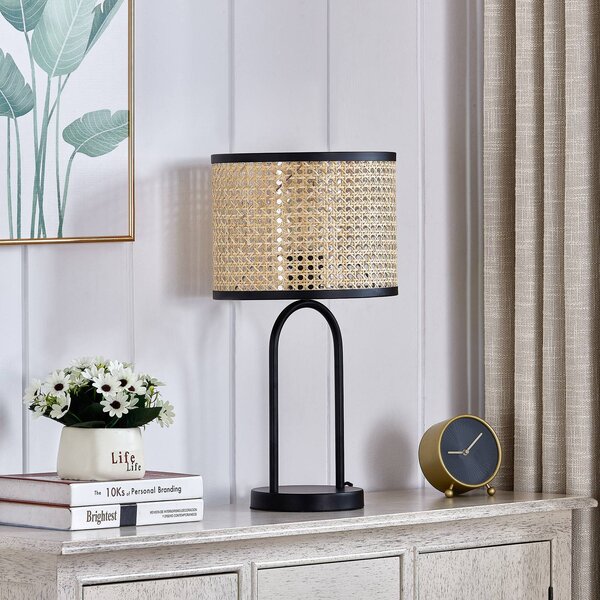 Lindby Stolná lampa Yaelle, výška 50 cm, ratan, čierna, E27, Svetlé drevo, Obývacia izba / jedáleň, Drevo, Škandinávsky, Stojacie svietidlo