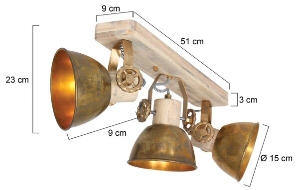 Stropné bodové svetlá Gearwood, 3-pl. bronzová, Svetlé drevo, Obývacia izba / jedáleň, Drevo, Vintage, Stropné svetlo