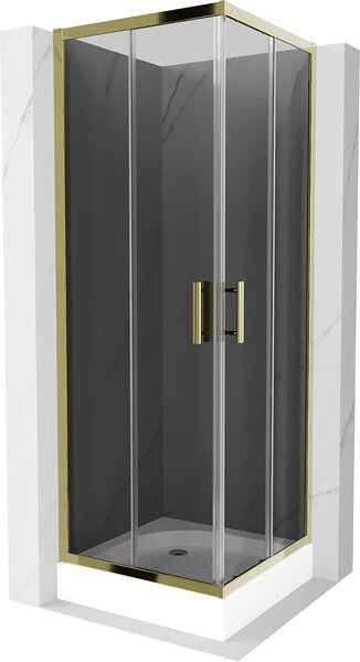 Mexen Rio, štvorcový sprchovací kút s posuvnými dverami 70 (dvere) x 70 (dvere) x 190 cm, 5mm šedé sklo, zlatý profil + biela sprchová vanička RIO, 860-070-070-50-40-4510